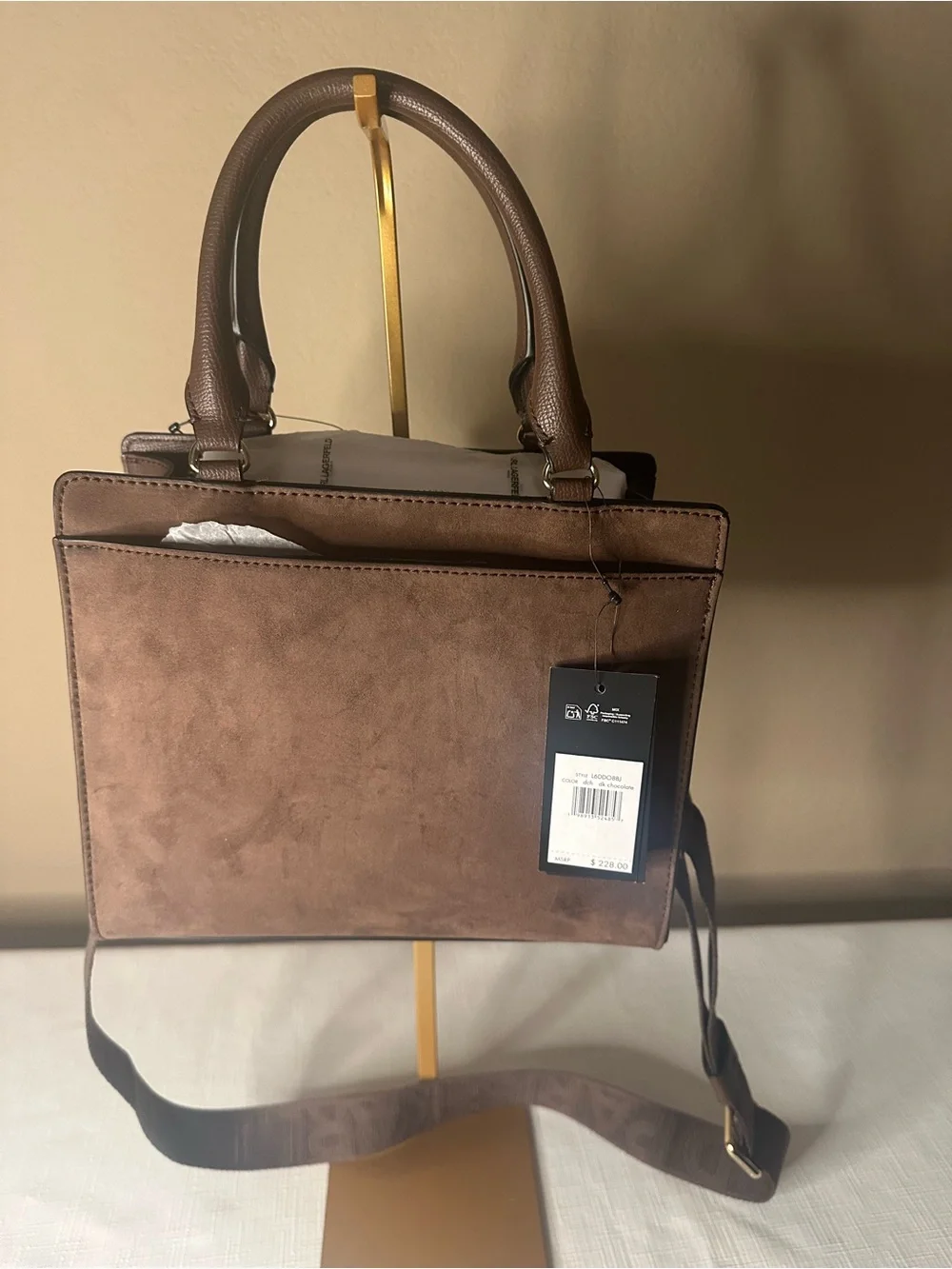 Karl Lagerfeld Brown Suede Top-Handle Satchel with Pom-Pom Charm